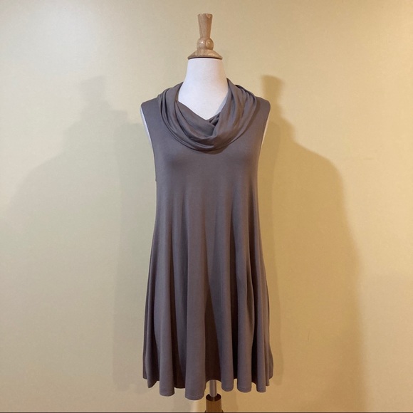 Cowl Neck Sleeveless Drapey Trapeze Dress Taupe - Picture 3 of 5